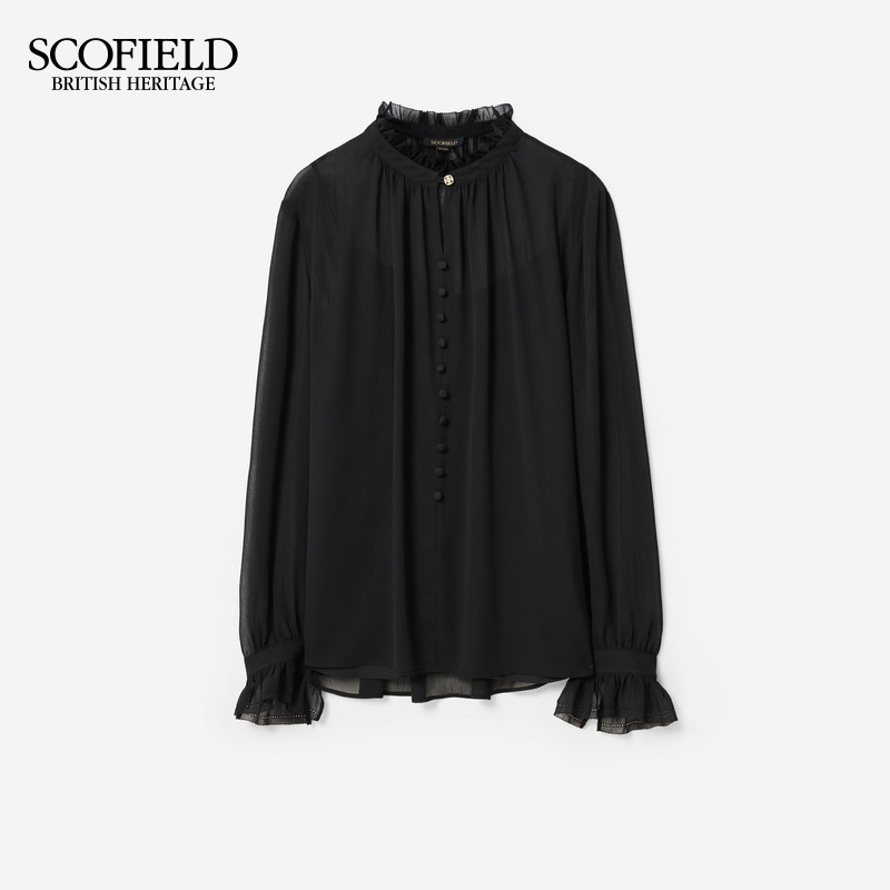 Scofield女装法式宫廷浪漫两件套荷叶边衬衫钻珠纽扣