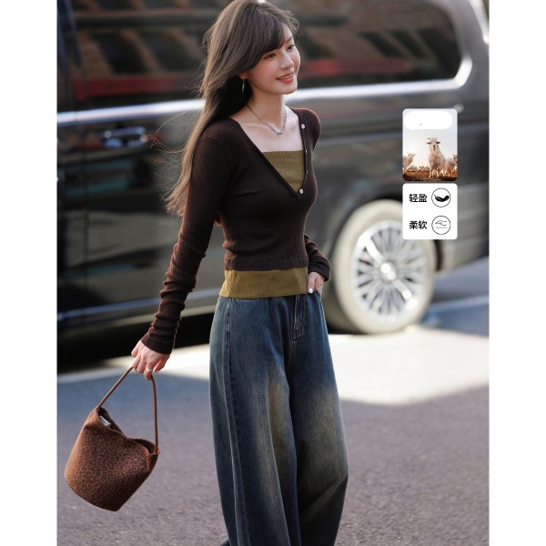 dme德玛纳复古假两件撞色线衫短款针织衫女上衣M540320348702