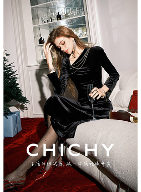CHICHY法式千金黑色丝绒修身长袖连衣裙CT8F002261