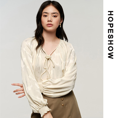 红袖/HOPESHOW提花雪纺衫秋季女装编制系带上衣89124292003