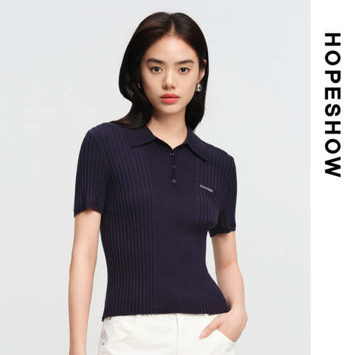 HOPESHOW红袖藏青色翻领竖坑条修身短袖毛针织衫89126220103