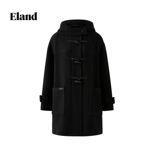 Eland毛呢外套女单排扣带帽大衣