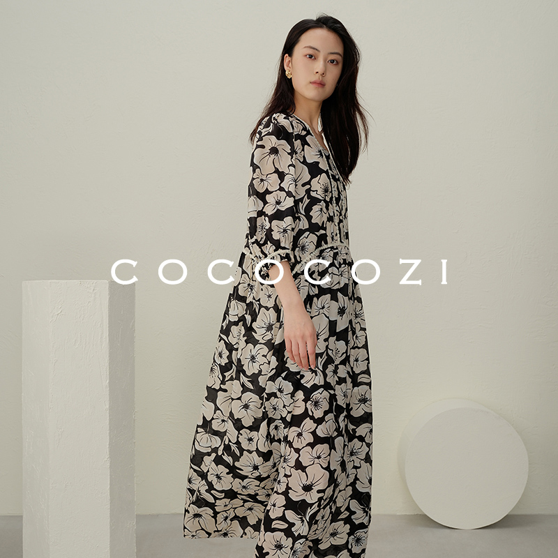 COCOCOZI碎花连衣裙春夏季女宽松垂感法式复古印花裙子222CO51