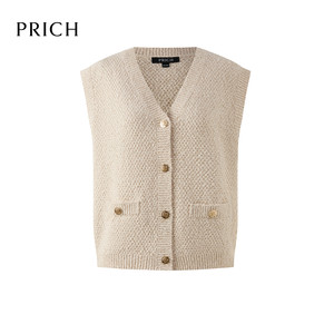 PRICH法式小香风金属扣无袖V领针织开衫2025早秋款肌理感马夹女