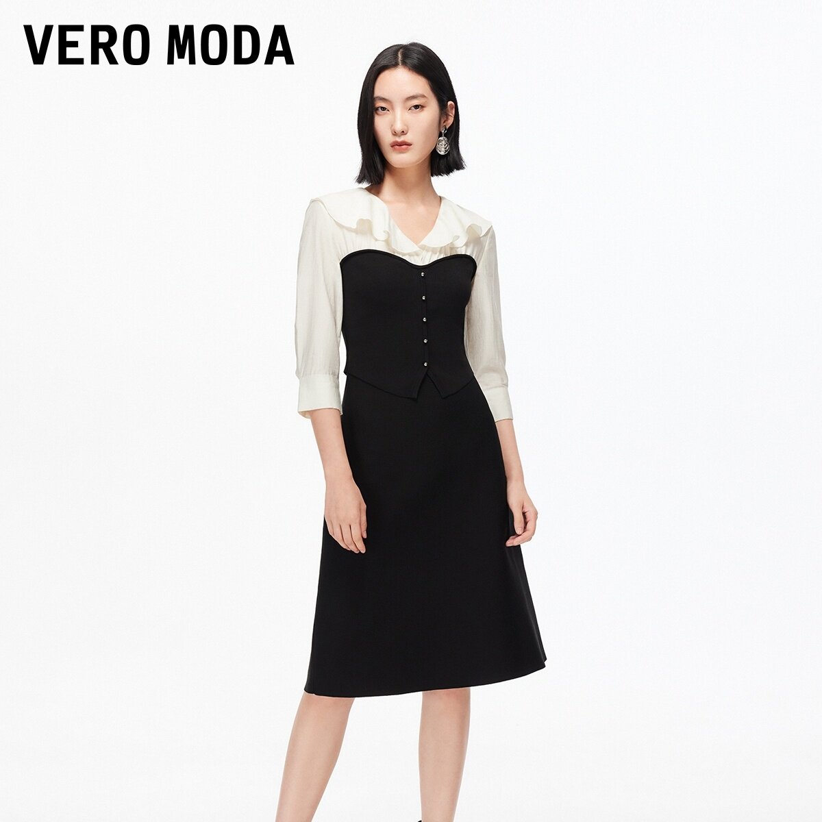 Vero Moda连衣裙2025秋季新款假两件收腰荷叶边中长裙325346015