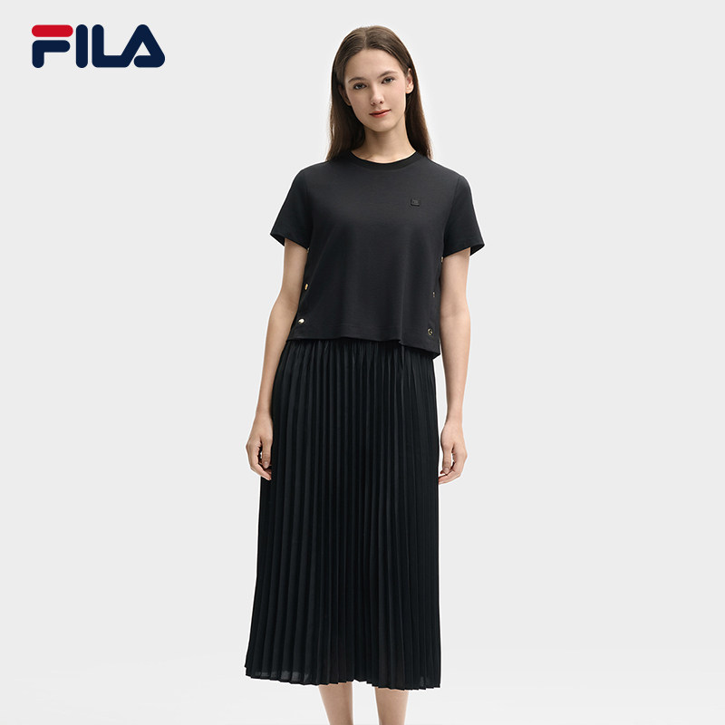 FILA 斐乐官方女子连衣裙2025夏新时尚舒适拼接百褶裙F11W525307F