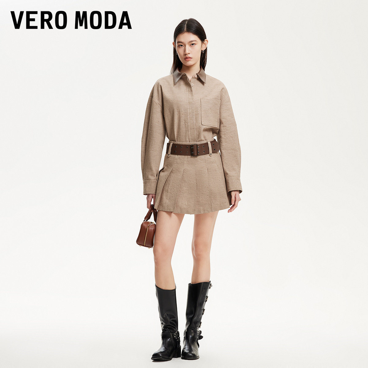 Vero Moda半身裙2025春季新款复古巴恩风宽腰带百褶短裙325116027
