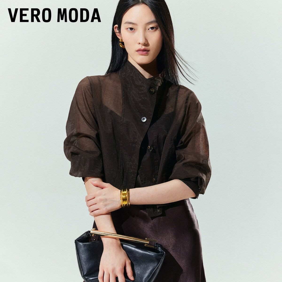 Vero Moda衬衫女2026秋季新款轻薄立领纽扣口袋上衣326317022