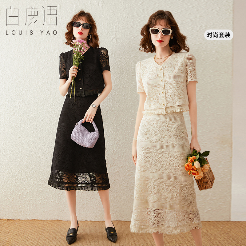白鹿语设计感优雅套装夏季款V领短外套蕾丝半身长裙2件套HU10252