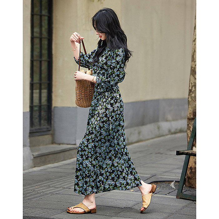 dme德玛纳法式船领收腰碎花连肩围裹复片式女连衣裙G540121540209