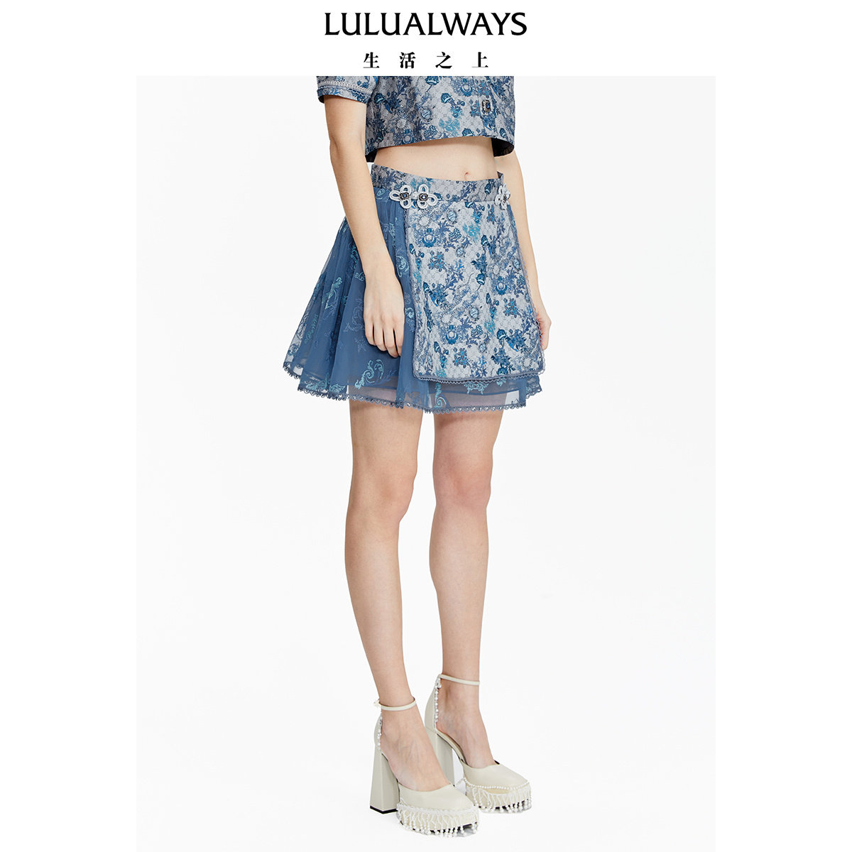 lulualways网纱拼接刺绣中式盘扣高腰短款半身裙