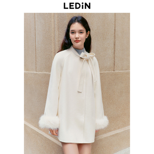 乐町富家千金双面呢斗篷羊毛大衣2024冬季蝴蝶结新年战袍外套