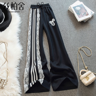 丝柏舍松紧腰休闲裤2025秋装女装撞色蕾丝拼接蝴蝶结抽绳卫裤