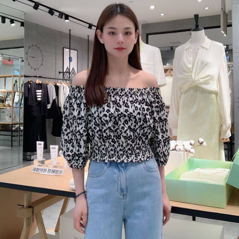 麦檬女士一字领休闲碎花衬衫5E4322141