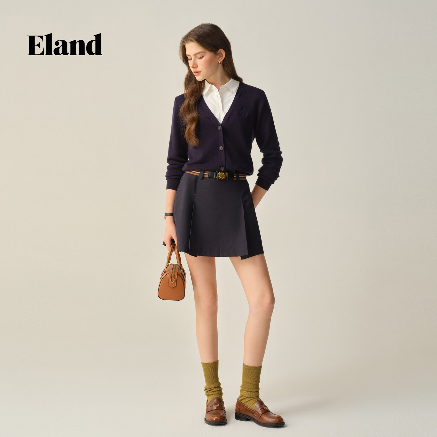 Eland毛针织衫女假两件翻领通勤上衣2025秋季