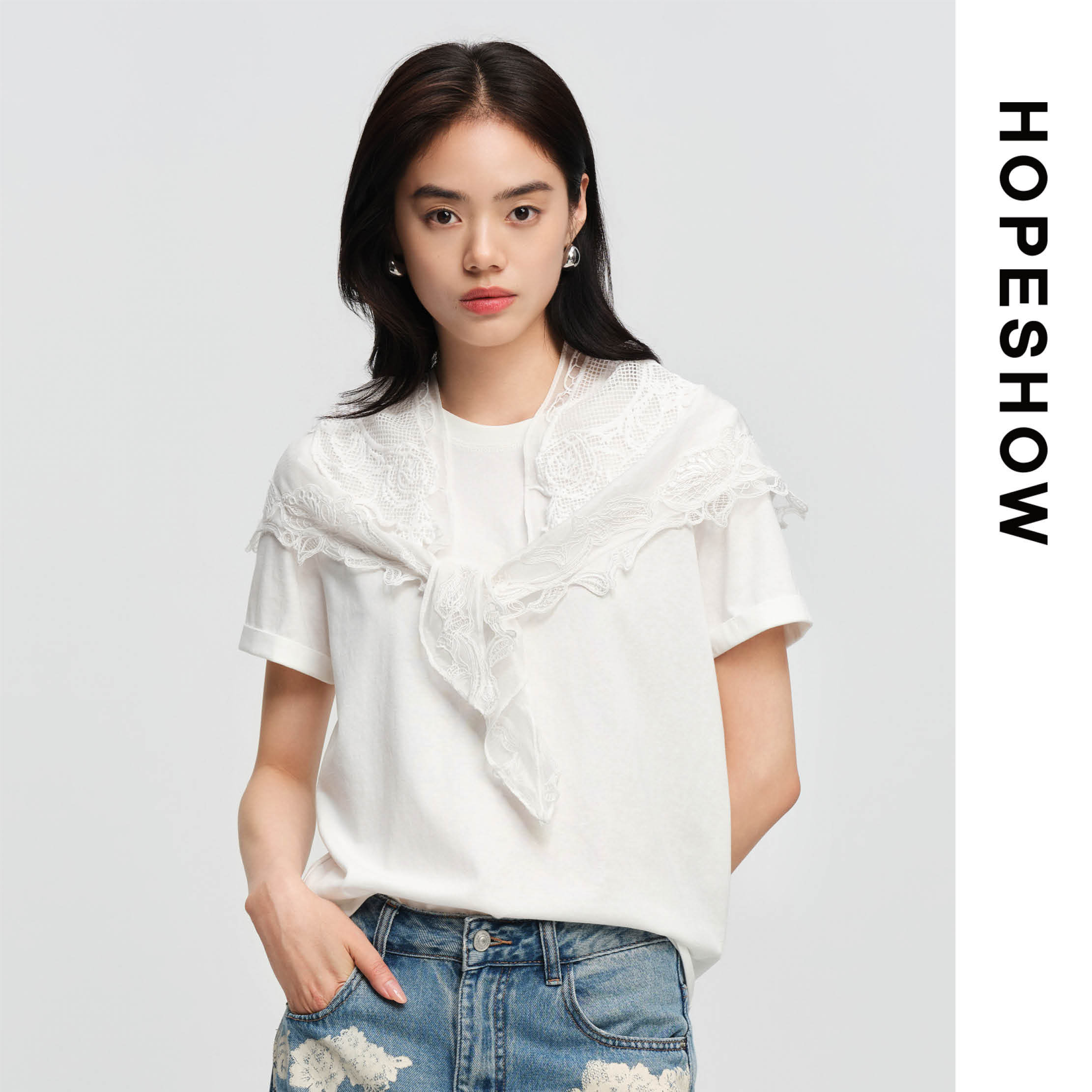 HOPESHOW红袖蕾丝饰边舒适纯色短袖T恤女款89126220204