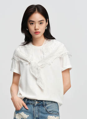 HOPESHOW红袖蕾丝饰边舒适纯色短袖T恤女款89126220204