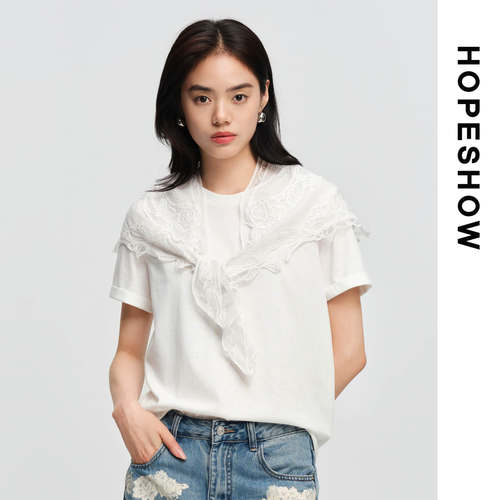 HOPESHOW红袖蕾丝饰边舒适纯色短袖T恤女款89126220204