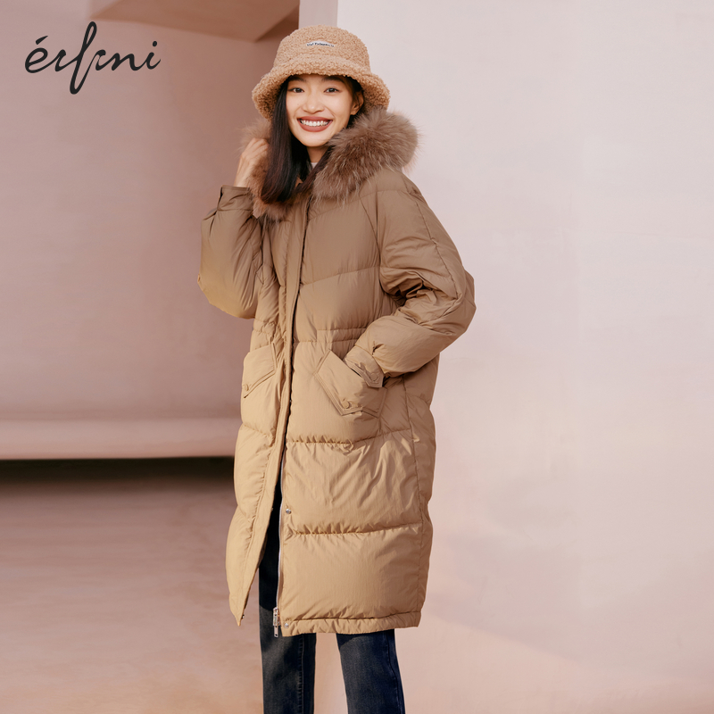 伊芙丽冬装大毛领休闲白鸭绒抽绳收腰中长款羽绒服外套1D9980161