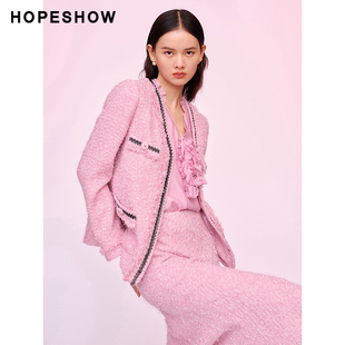 红袖HOPESHOW香风短外套春季2024女装拉毛边V领上衣89224010401