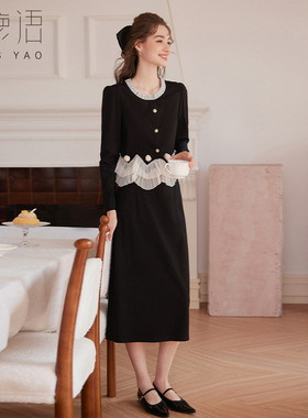 白鹿语法式赫本风显瘦拼接2025春款高级感掐腰小黑裙套装BY20286