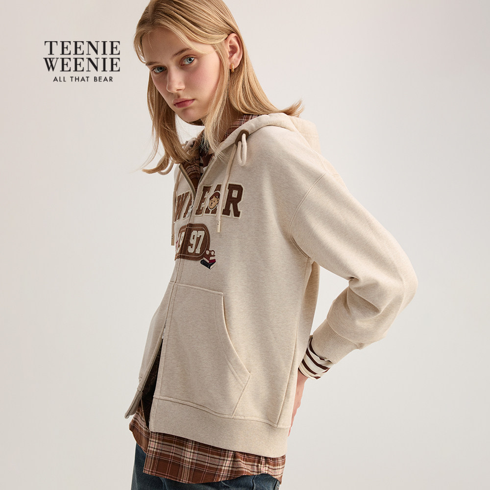 TeenieWeenie小熊女装卫衣2025年秋季时髦拼接格纹假两件开衫