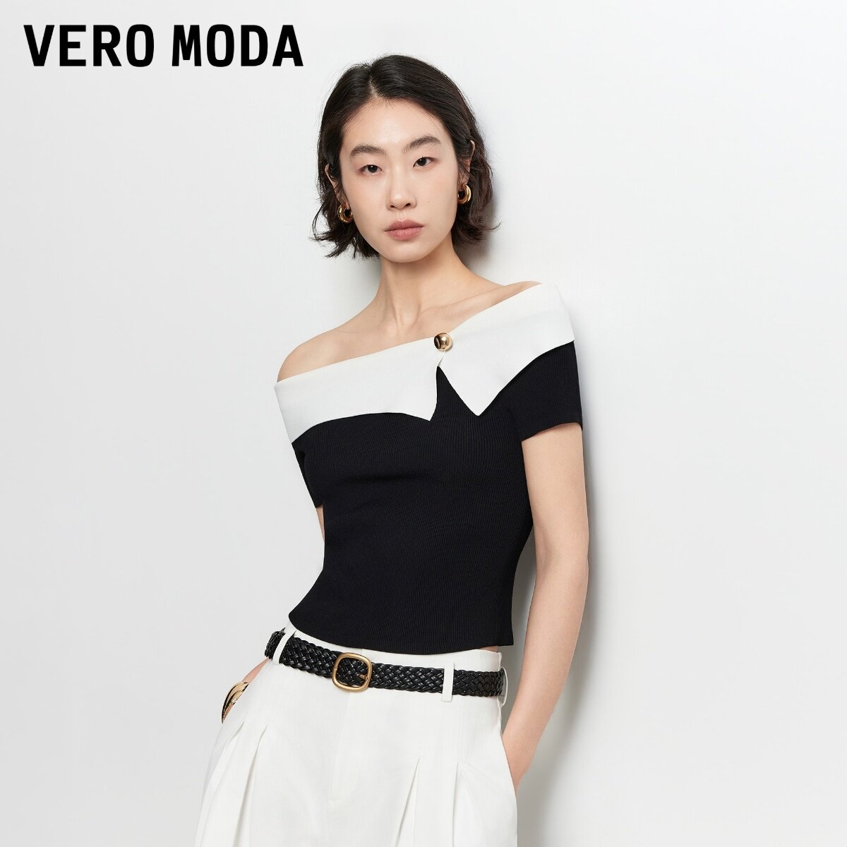 Vero Moda针织衫女2026秋季新款一字斜肩金属扣短袖上衣326345006