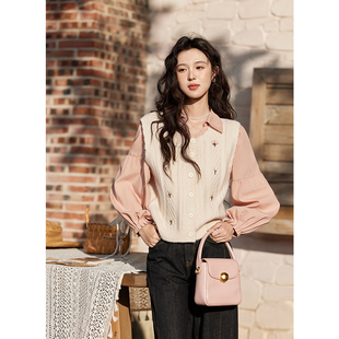 谜秀立体花朵针织马甲女装复古叠穿毛衣背心马甲女MXE11Z1077