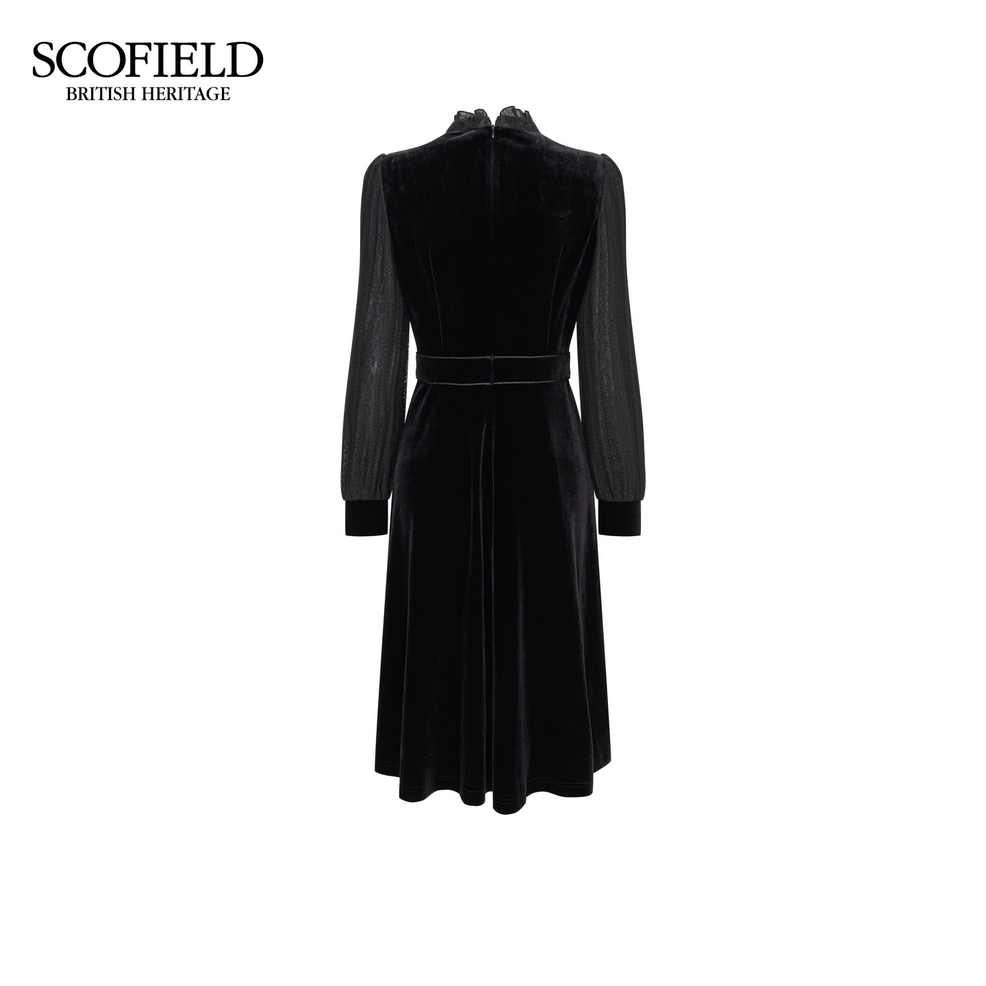 Scofield女装法式立领木耳边丝绒轻礼服连衣裙蕾丝拼接2025秋