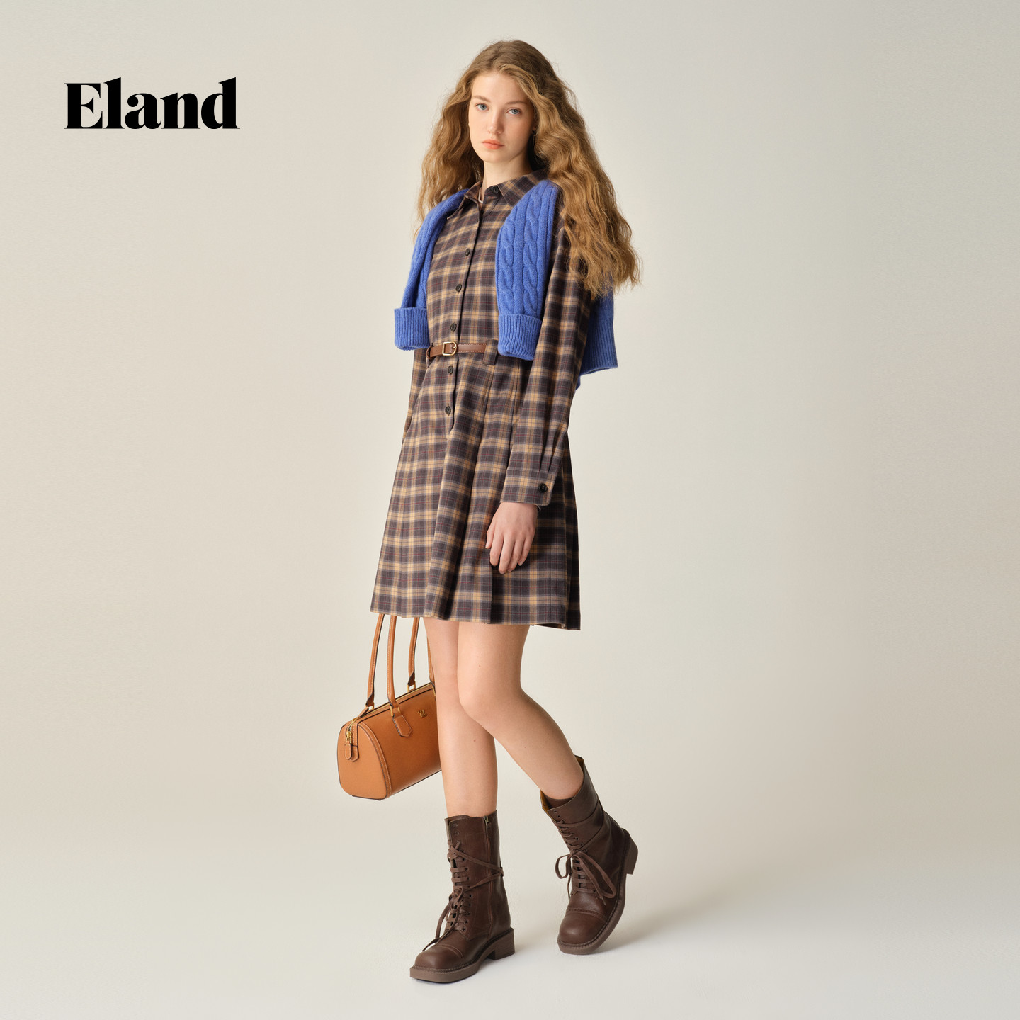 Eland连衣裙女收腰翻领衬衫式格纹裙2025秋季