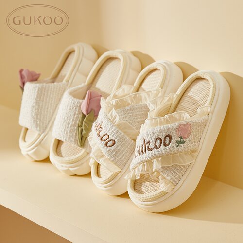 Gukoo/果壳奶芙小花拖鞋女亚麻拖鞋春夏女家居拖鞋S723147921601