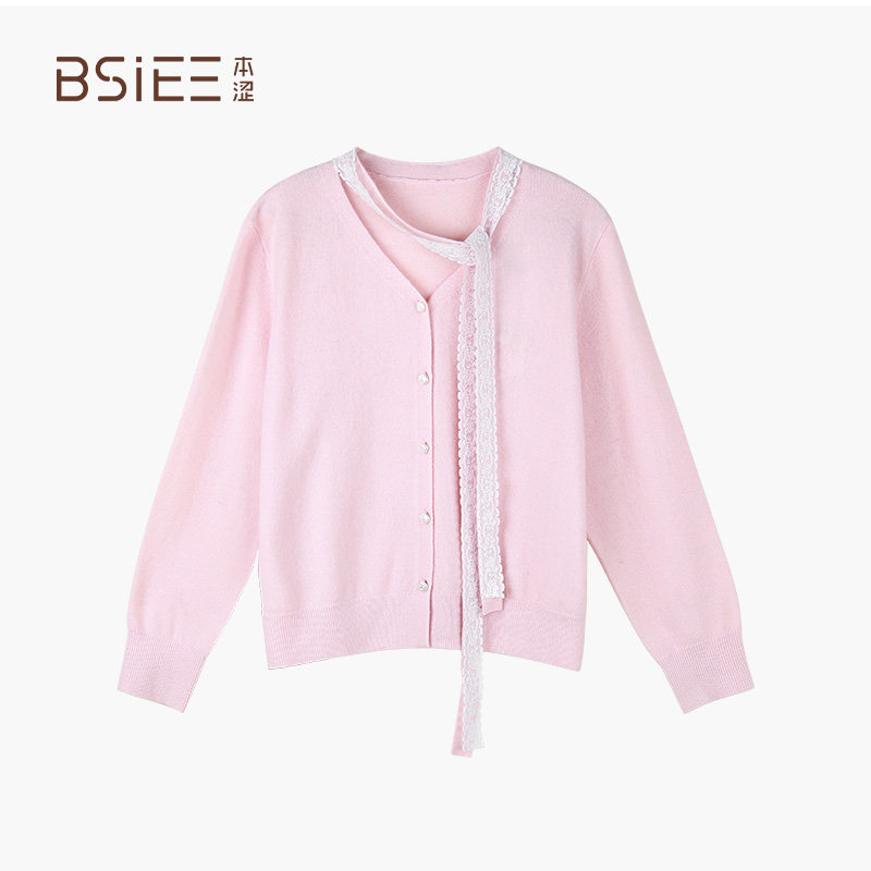 BSiEE本涩V领飘带简约 休闲针织开衫女