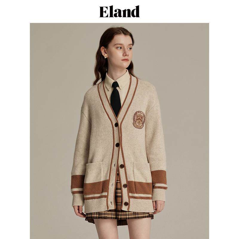 Eland针织衫开衫长款宽松燕麦色徽章绣标上衣EECKD4TY07