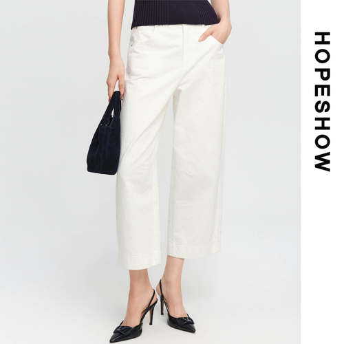 HOPESHOW红袖复古白色七分阔腿牛仔裤女宽松舒适89126221302