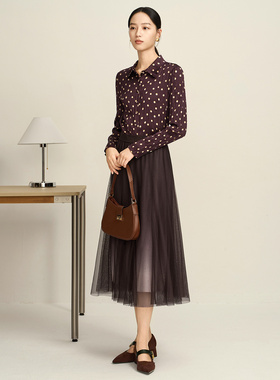 JUZUI玖姿浪漫法式压褶波点修身长袖衬衫女2025秋季JYFQ60105