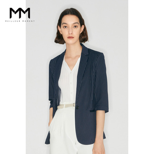 MM麦檬西服藏青条纹通勤五分袖西装外套女5998112931