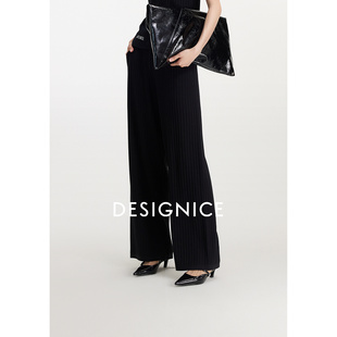迪赛尼斯通勤风宽松直筒裤黑色高腰休闲裤女
