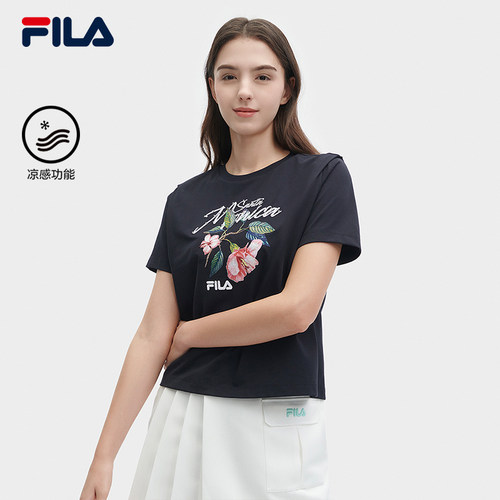 FILA 斐乐女子针织短袖衫夏时尚凉感花束刺绣宽松T恤F61W528112A
