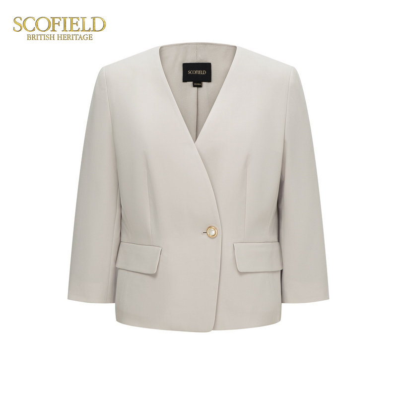 Scofield女士西服V领带垫肩短外套SFJKF24020