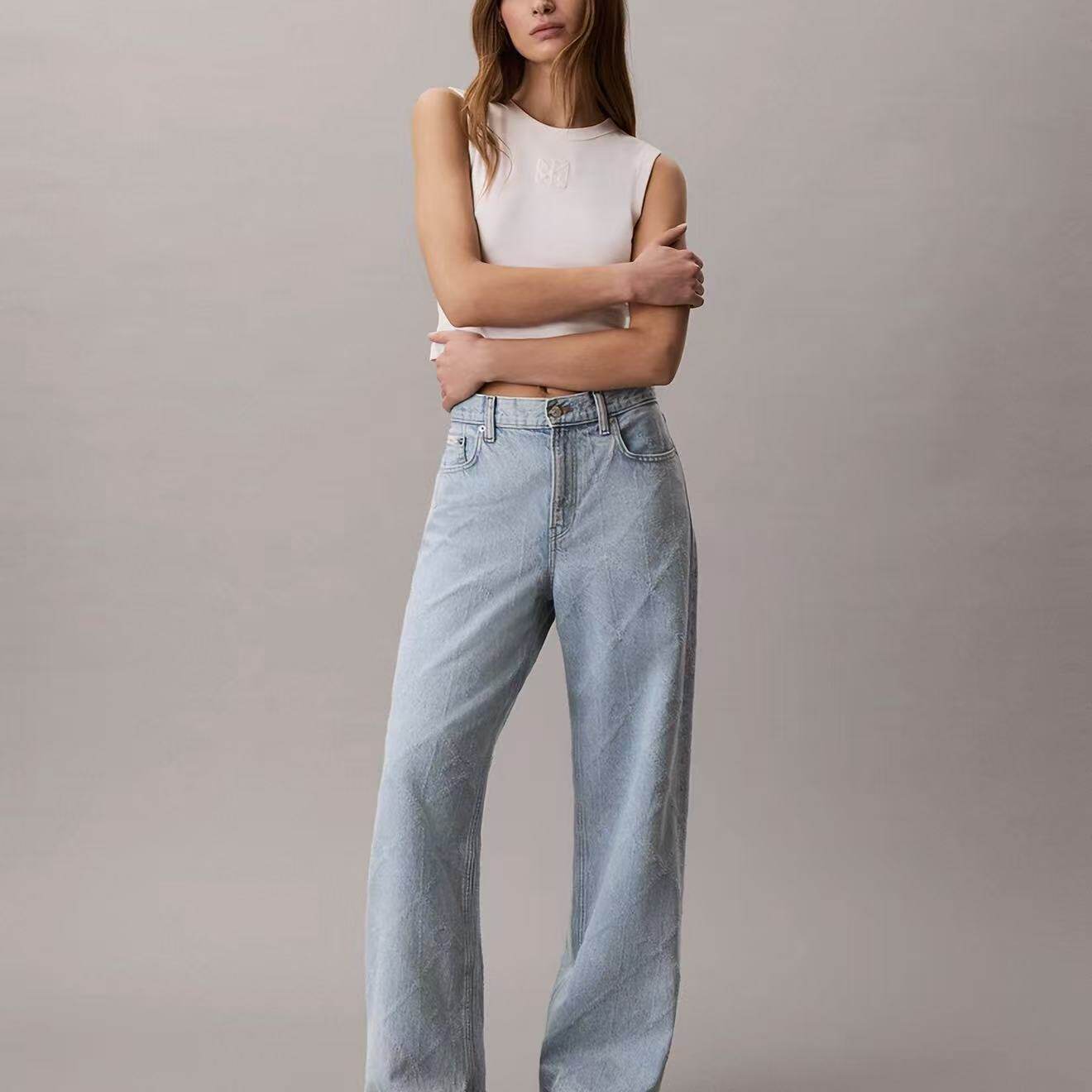 CK Jeans26春夏新女士复古浅色老花提花纯棉低腰宽松阔腿牛仔裤