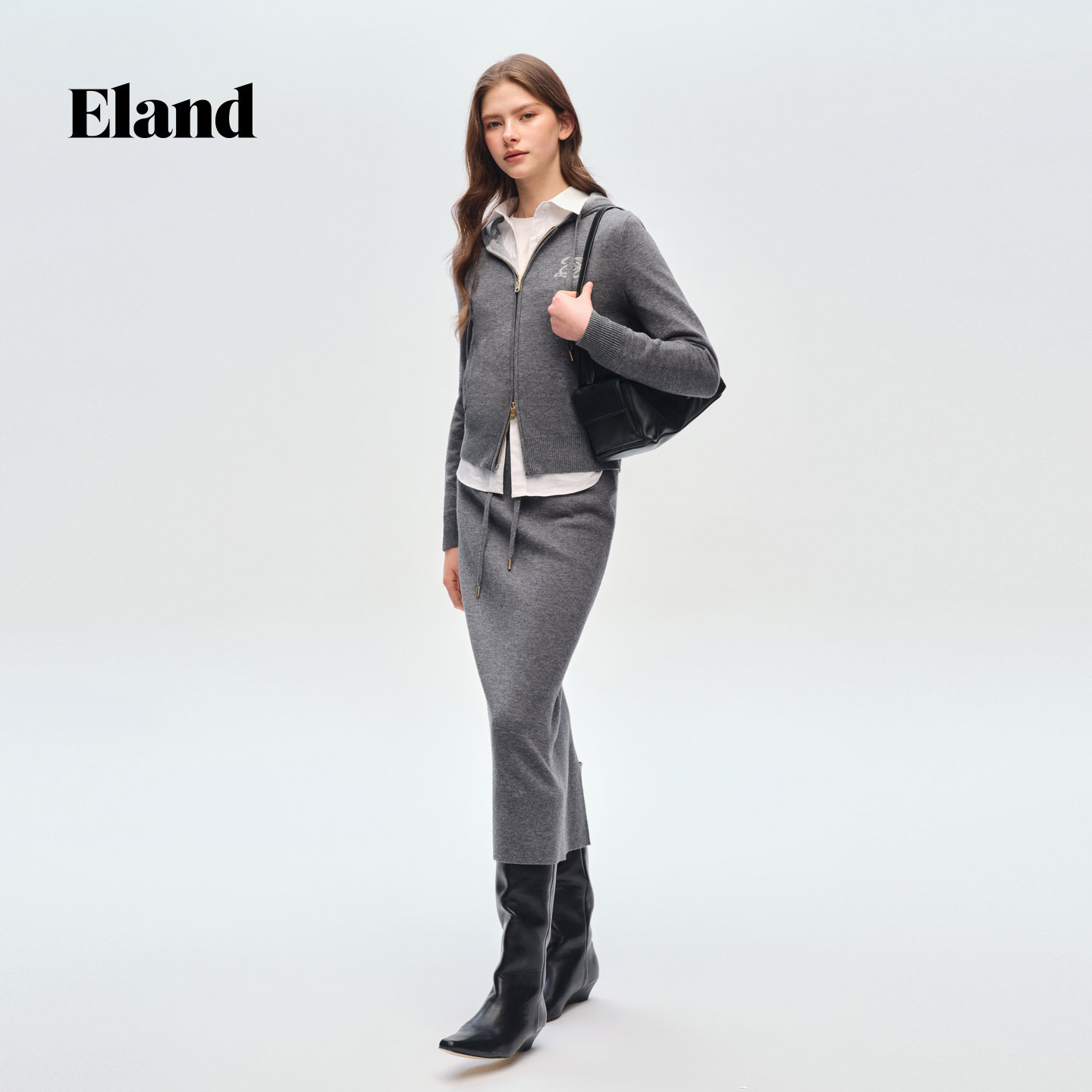 Eland 针织衫女时尚抽绳连帽拉链开衫EECKG11E03