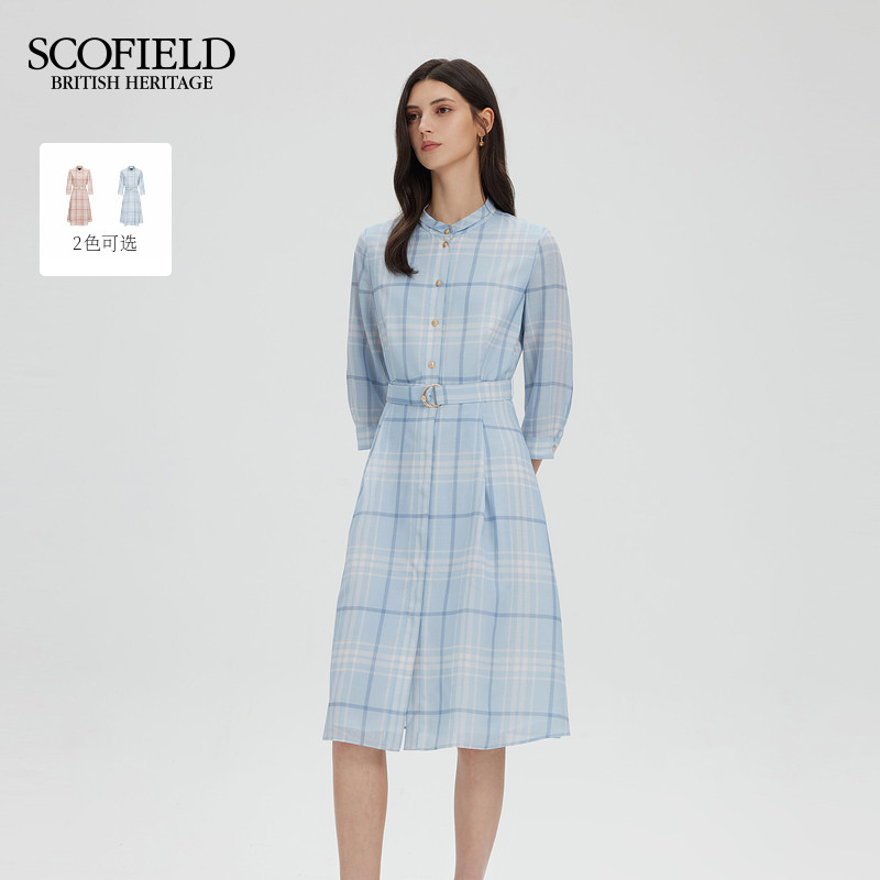 Scofield女装休闲格纹小立领连衣裙伞摆收腰衬衫长裙2025夏季