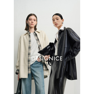 迪赛尼斯2025年秋季 通勤气质宽松上衣简约 PU皮长袖衬衫女