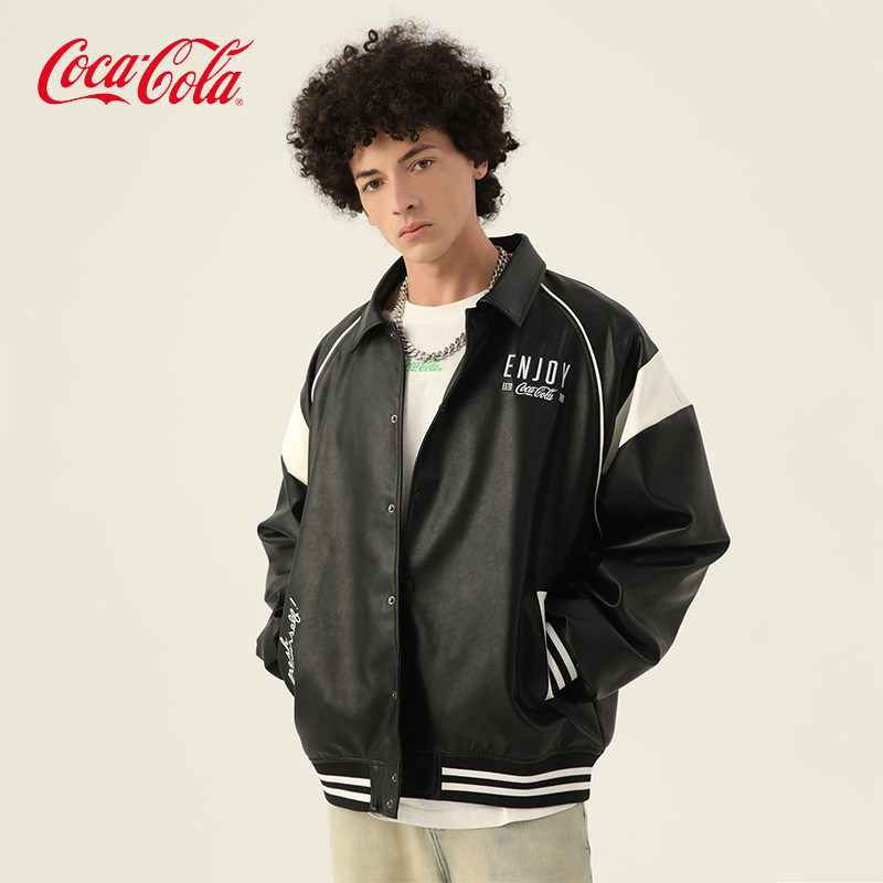可口可乐Coke系列 PU外套男2024春季新款字母刺绣夹克男女同款