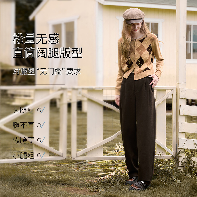 香影咖色休闲裤女2025秋冬新款含羊毛高腰通勤慵懒风休闲直筒西裤