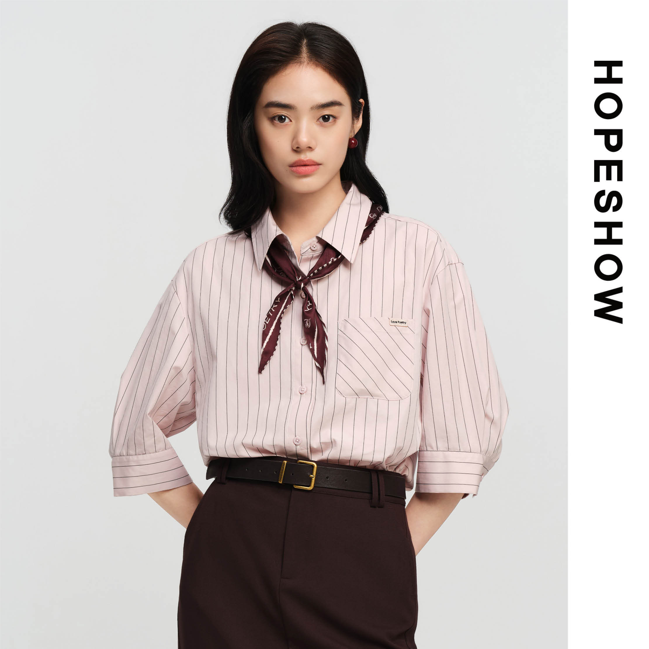 红袖夏季女士粉色条纹丝巾装饰中袖衬衫89126290306