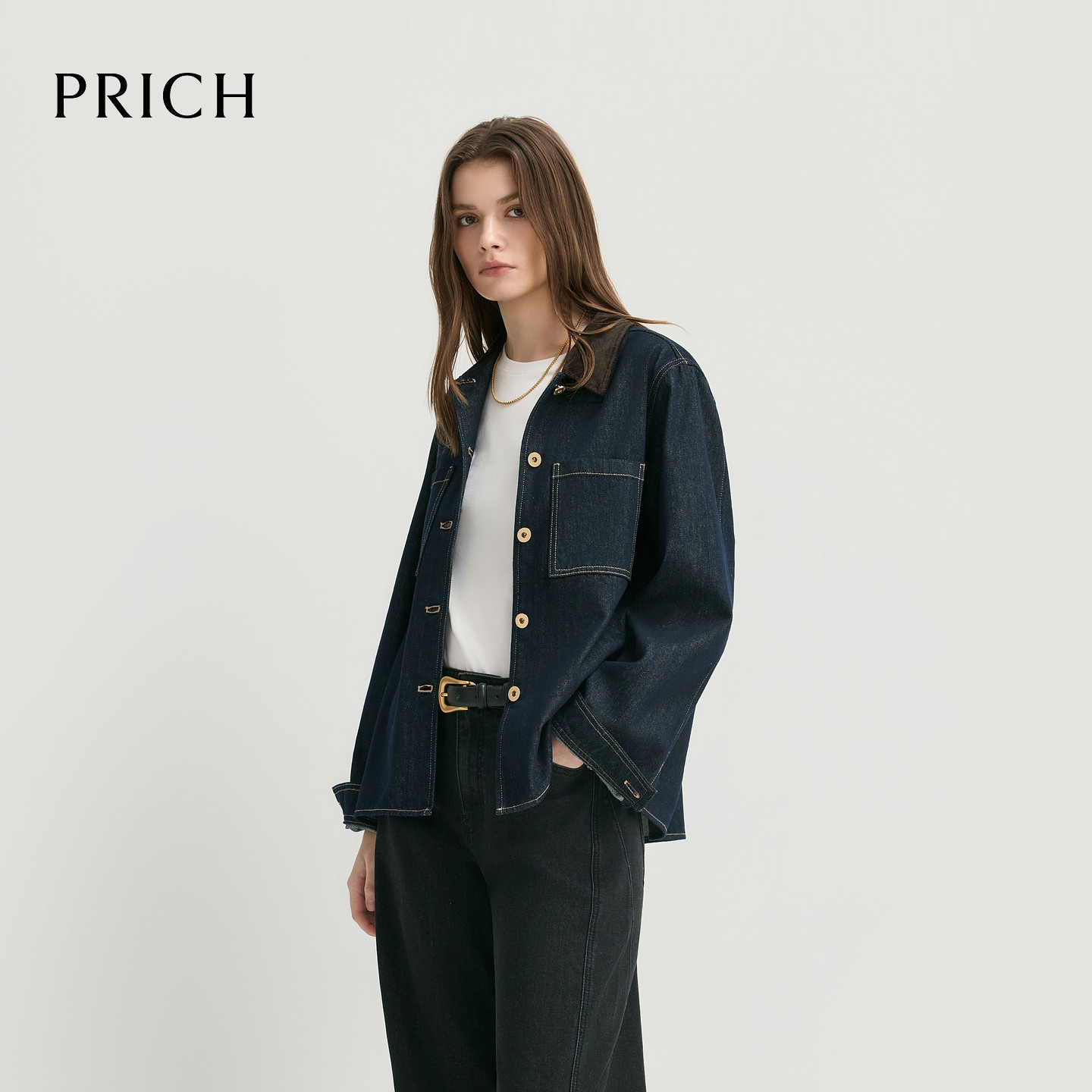 PRICH时尚复古灯芯绒领牛仔外套2026秋季新休闲上衣女PRJJG3801M