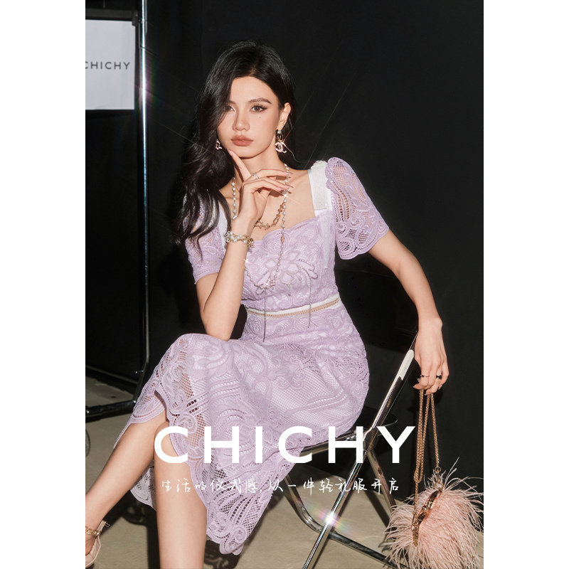 【立体蕾丝】CHICHY仙气千金重工拼接方领连衣裙CC8A003242