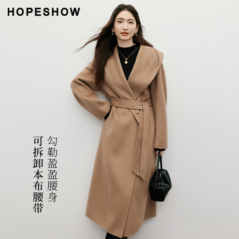 红袖高级感毛呢外套2025冬款女装【人生大衣】连帽双面呢大衣