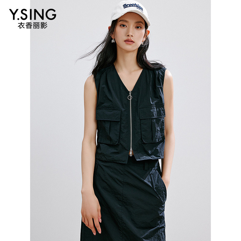 衣香丽女士V领马夹短外套半身裙套装950435907
